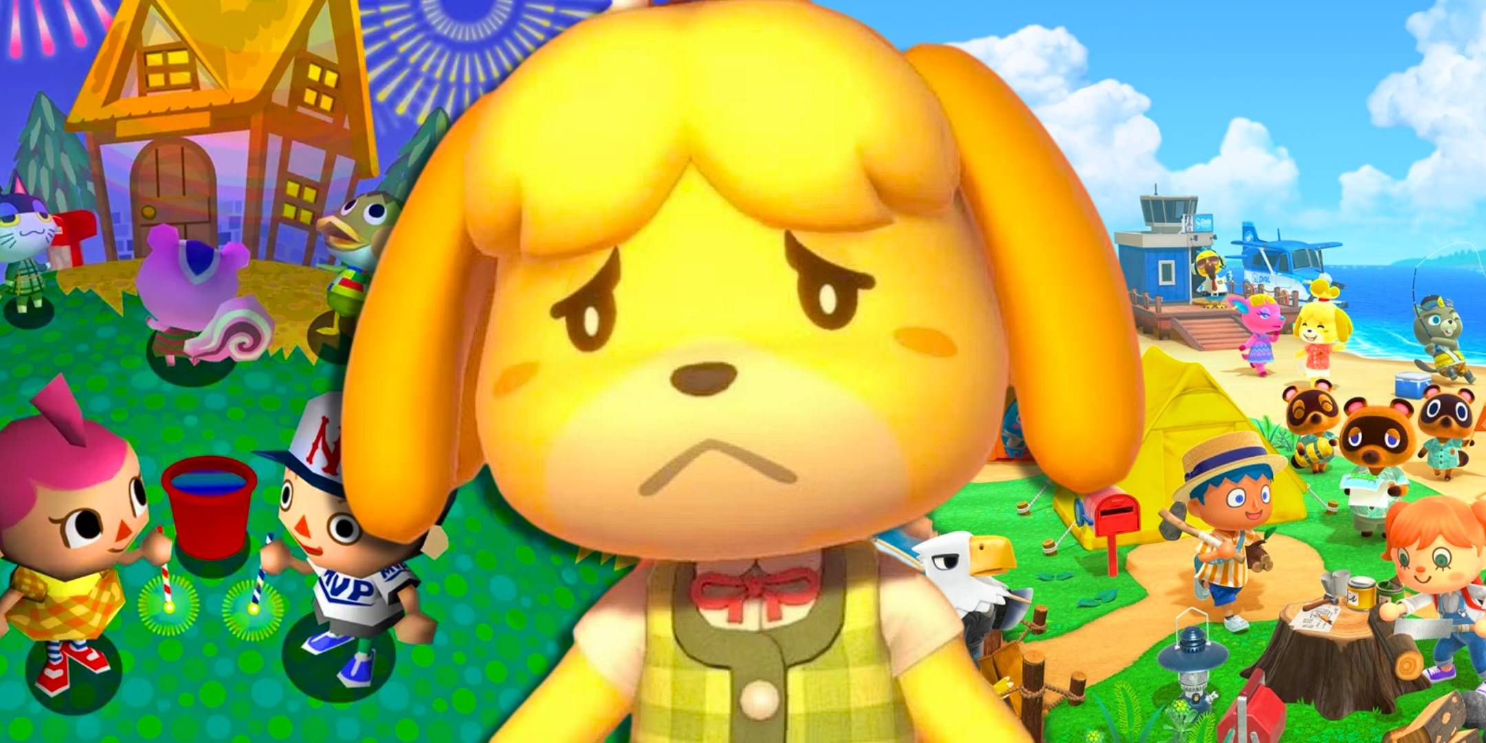 Isabelle looking sad with key art from Animal Crossing and New Horizons behind her.,