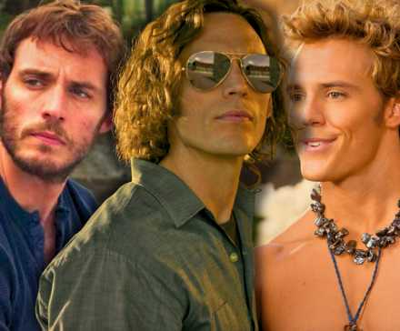 Коллаж с Сэмом Клафлином в фильмах Adrift, Daisy Jones and the Six, и Hunger Games: Catching Fire