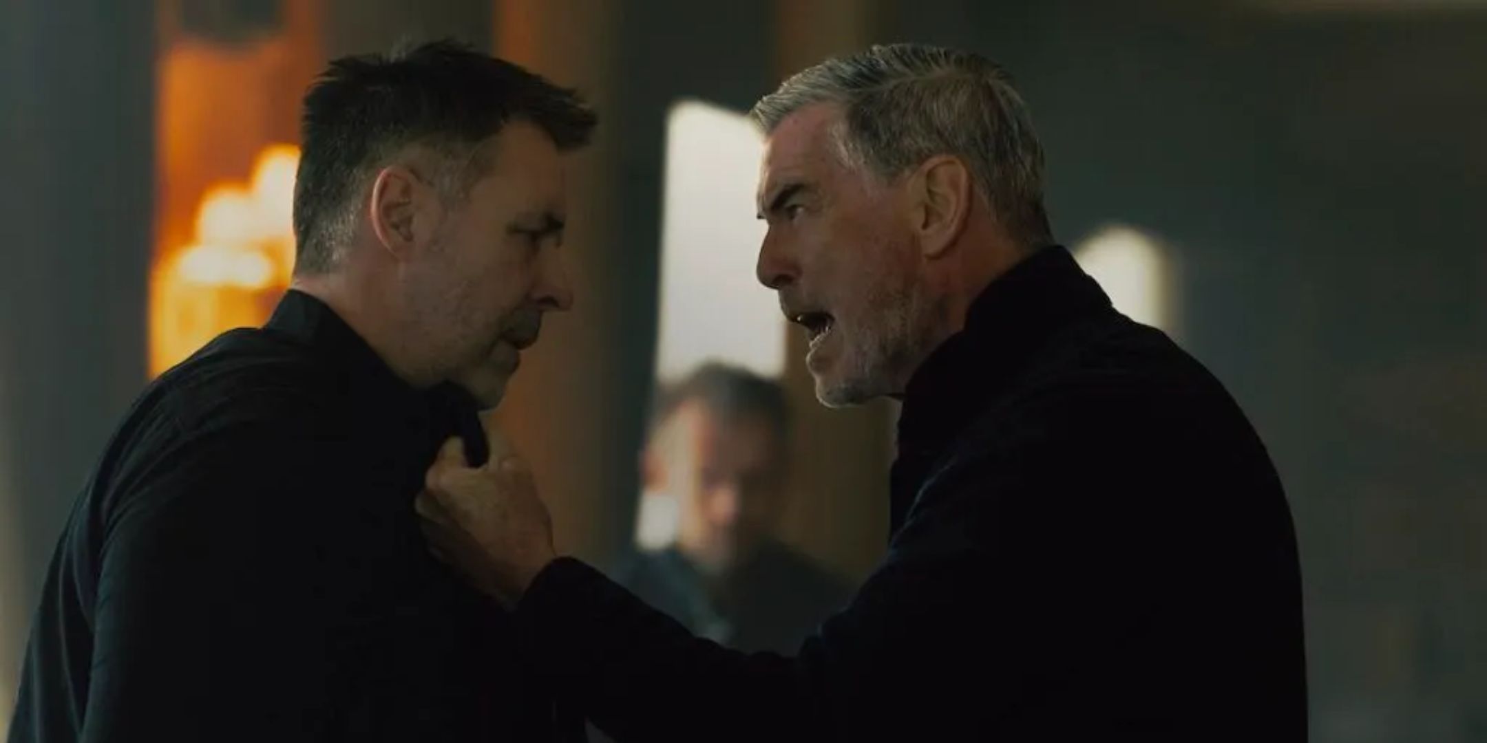 Paddy Considine as Kevin Harrigan and Pierce Brosnan as Conrad Harrigan in MobLand