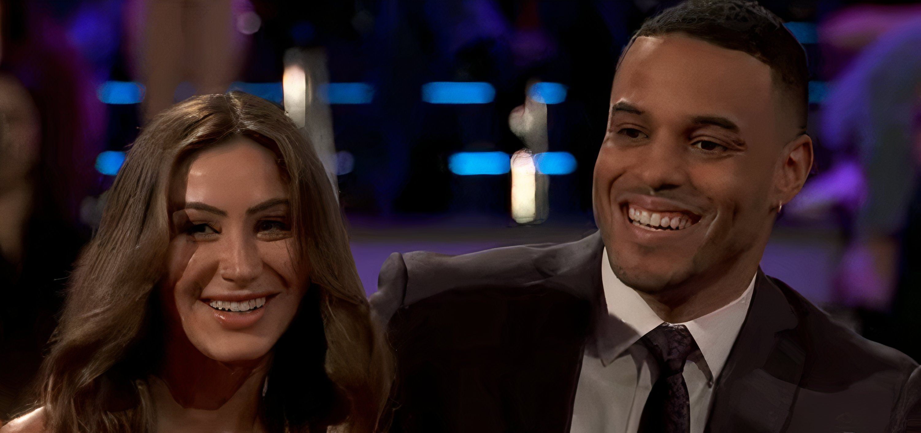 Juliana Pasquarosa and Grant Ellis smiling on The Bachelor finale special