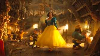 Snow White (Rachel Zegler) dances with the seven dwarves in Snow White (2025)