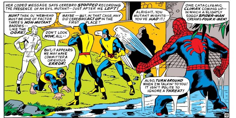 Spider-Man is ready to cream Cyclops, Beast, Angel, and Iceman in The Uncanny X-Men #35