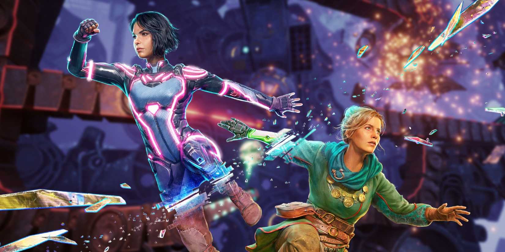 Split Fiction main characters on a explosive purple background