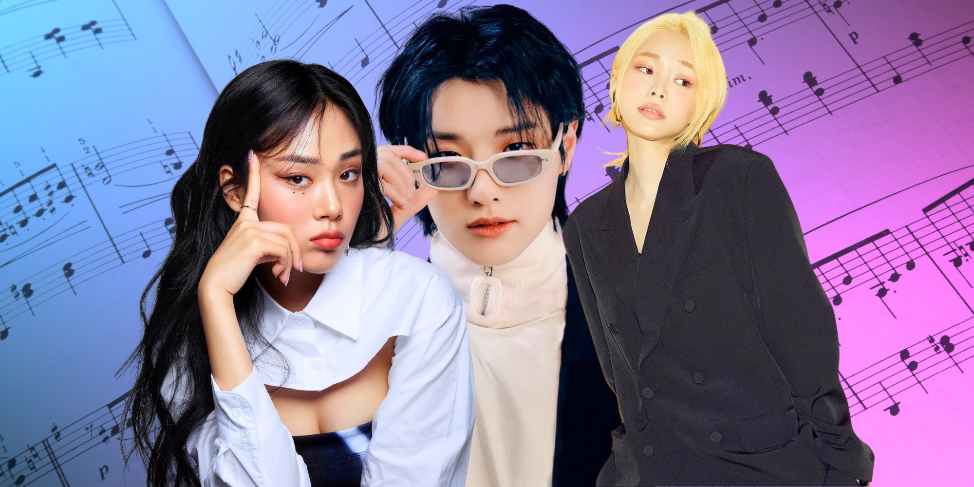 Eine Collage der KR&B-Künstler BIBI, WOODZ und Heize vor einem blauen und violetten Hintergrund mit Noten.