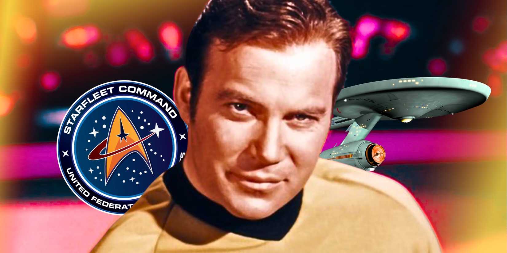 William Shatner as Captain Kirk with the entreprise and the federation logo behind from Star Trek