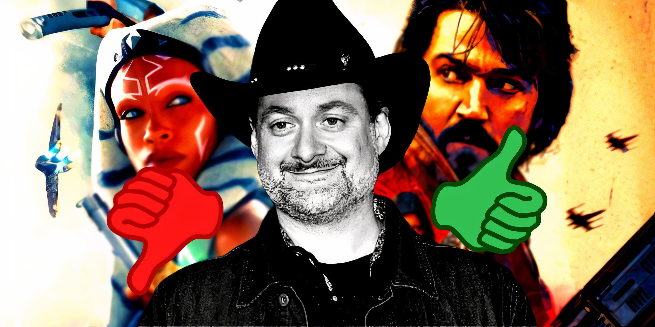 A black and white image of Dave Filoni, with an Ahsoka poster covered by a red thumbs down on the left and an Andor poster covered by a green thumbs up on the right.
