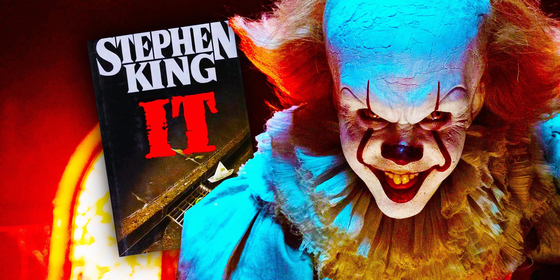 Capa do livro It de Stephen King e Pennywise de Bill Skarsgård