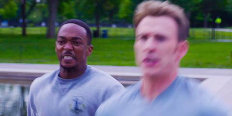 Steve Rogers and Sam Wilson running in Captain America The Winter Soldier