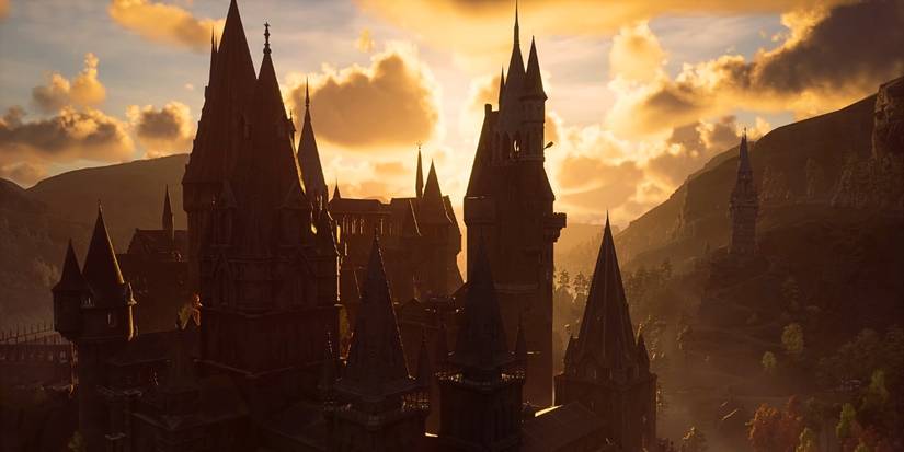 Pôr do sol sobre o castelo de Hogwarts