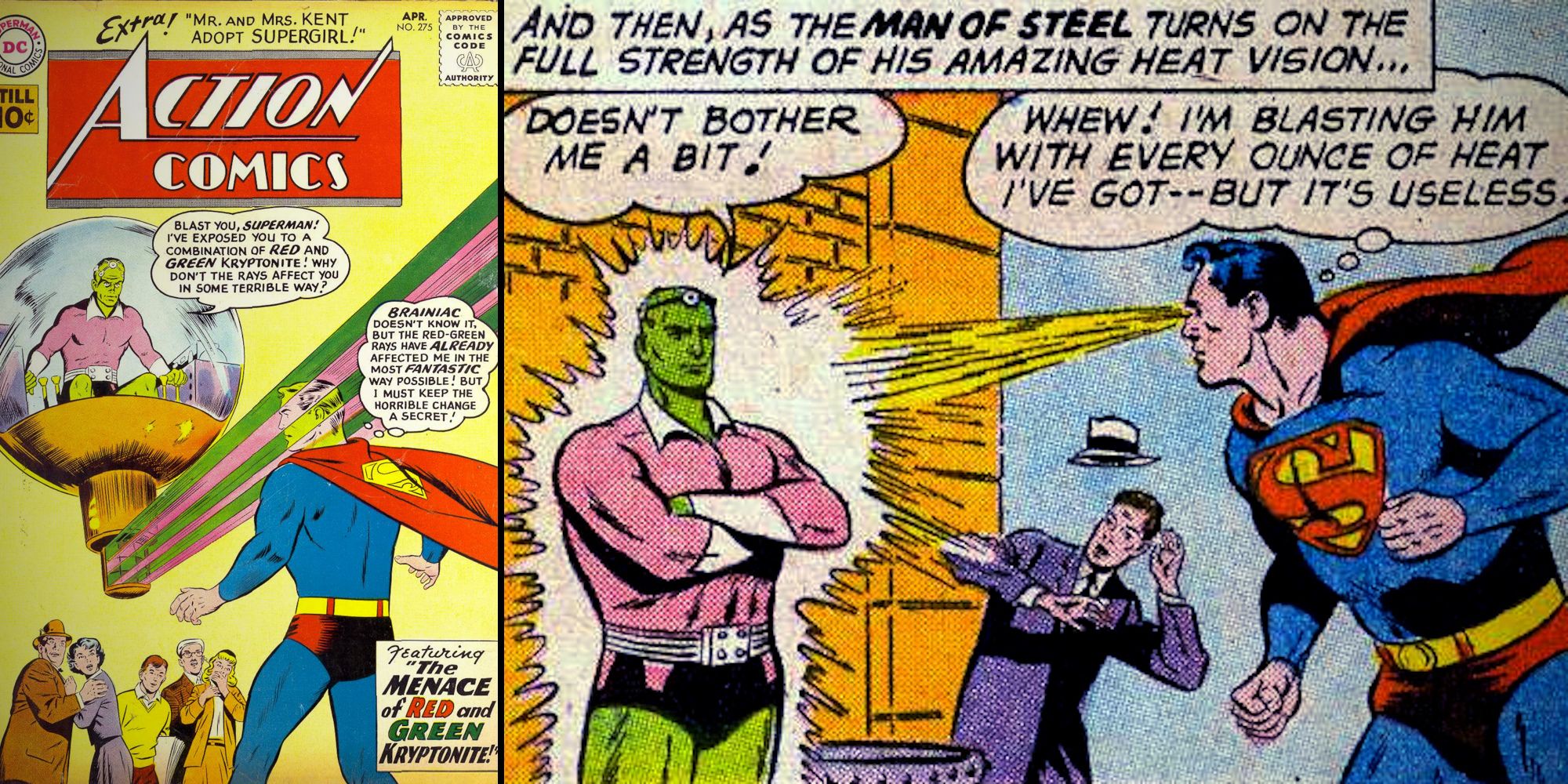 Superman uses his heat vision against a green Braniac.