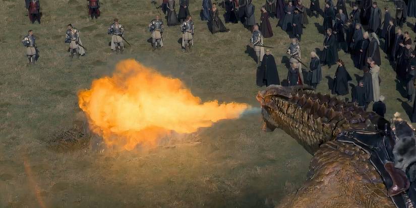 Syrax burning Aemma Arryn's body in House of the Dragon season 1