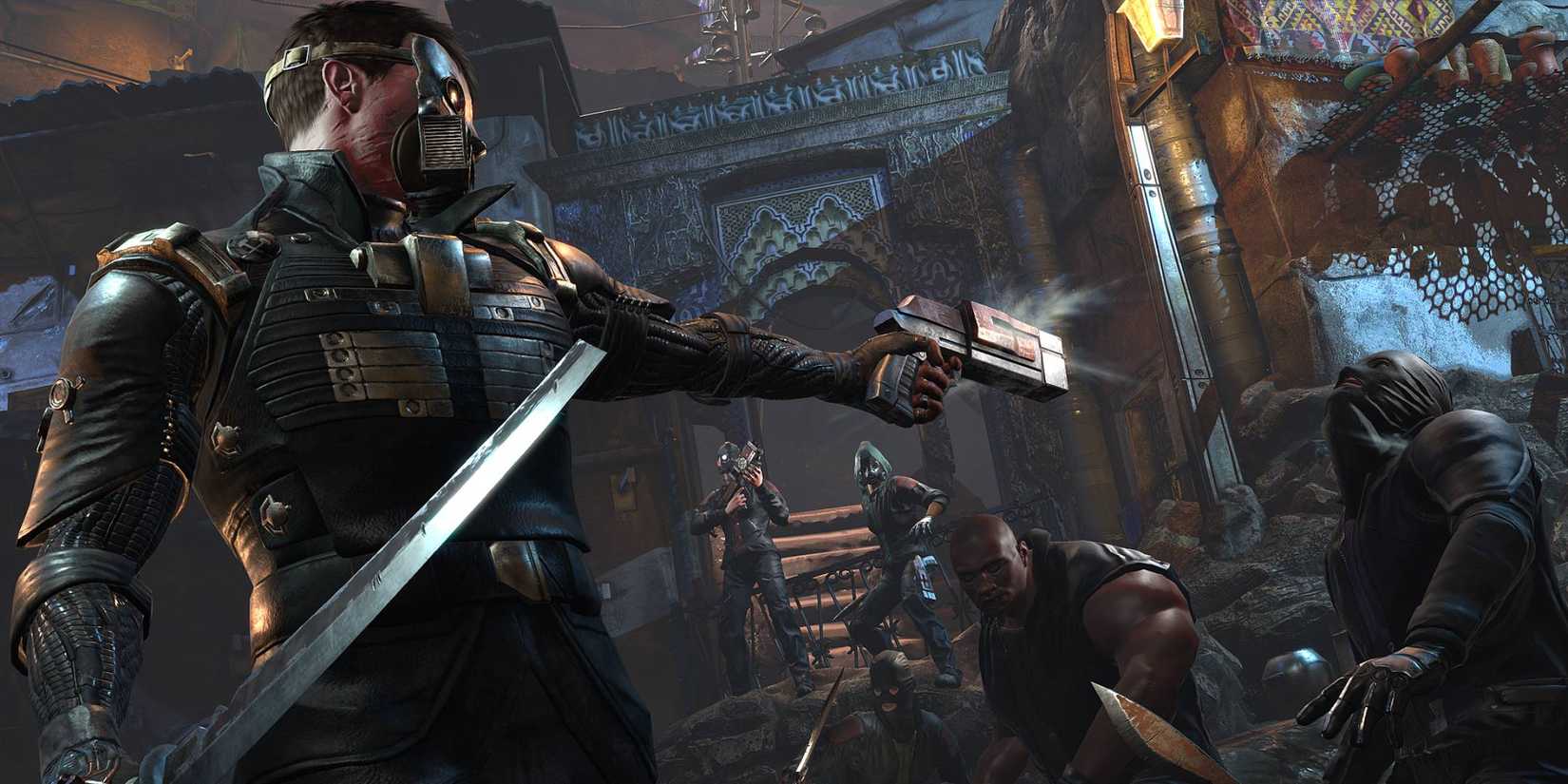 Персонаж в The Technomancer стреляет в голову врага пистолетом.