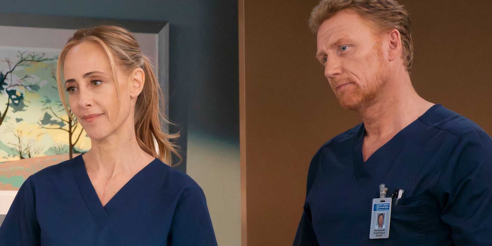 Teddy and Owen smiling slightly in Grey's Anatomy season 21 episode 10