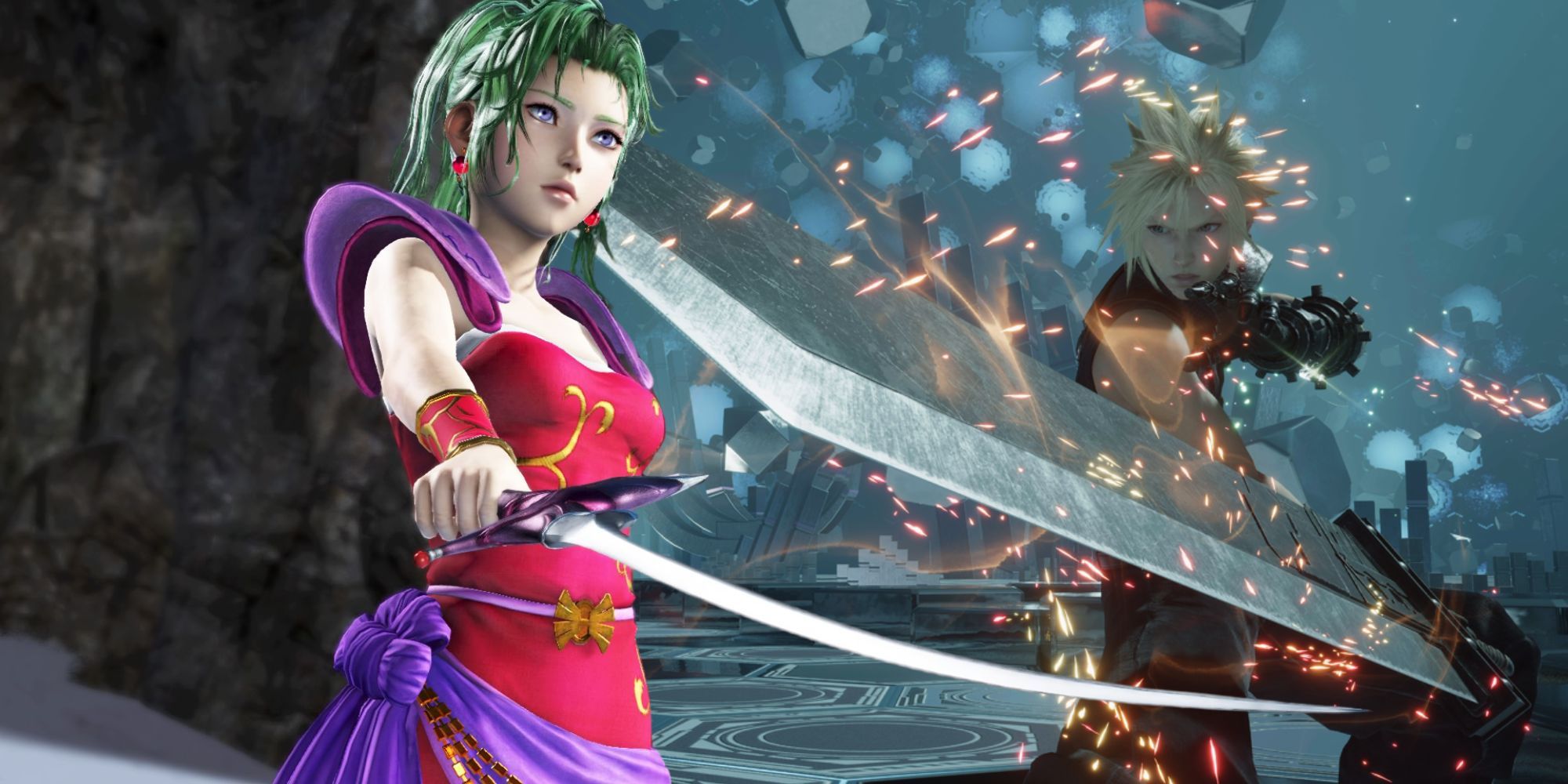 Terra from Dissidia Final Fantasy next to Cloud from FF7 Rebirth