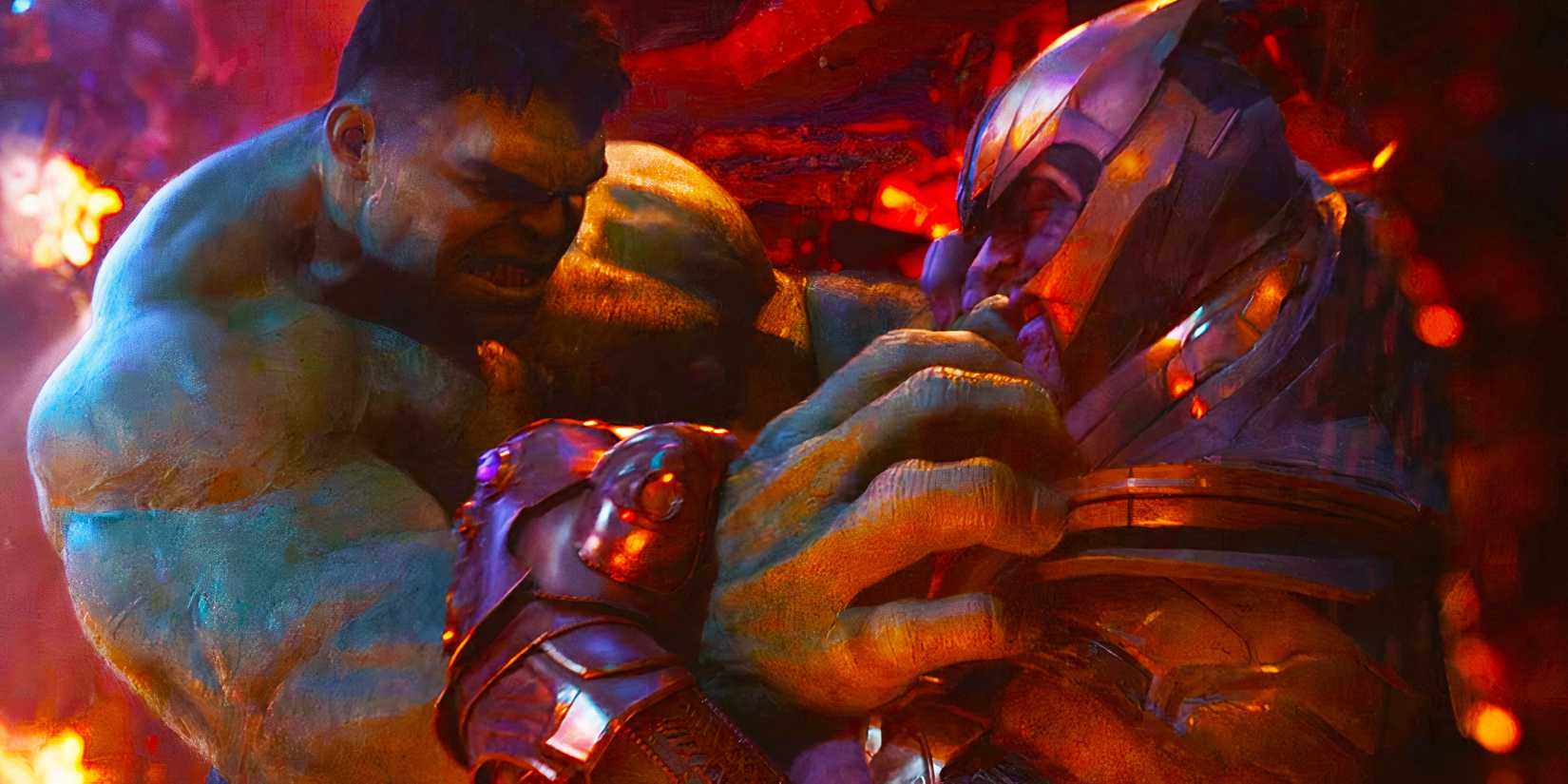 Thanos fighting the Hulk in Avengers Infinity War