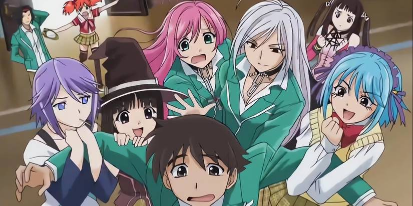 The cast from Rosario Vampire in a promotional picture with the girl hanging from the hero.