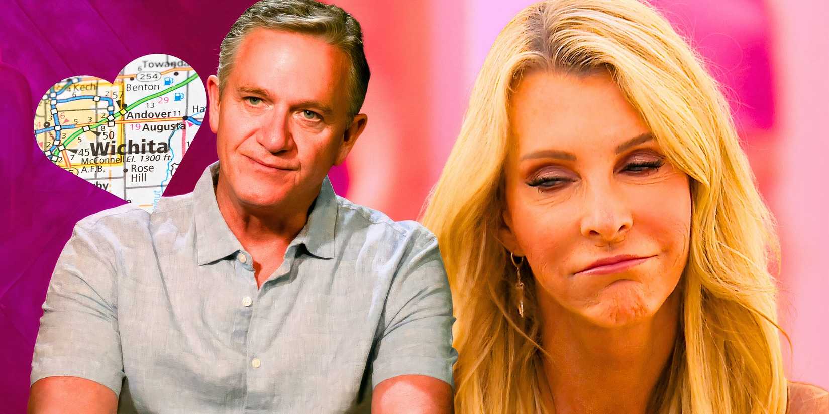 Фото звезд шоу "The Golden Bachelorette" Шок Чэпл и Джен Вассос в монтаже с картой Уитчеша в форме сердца