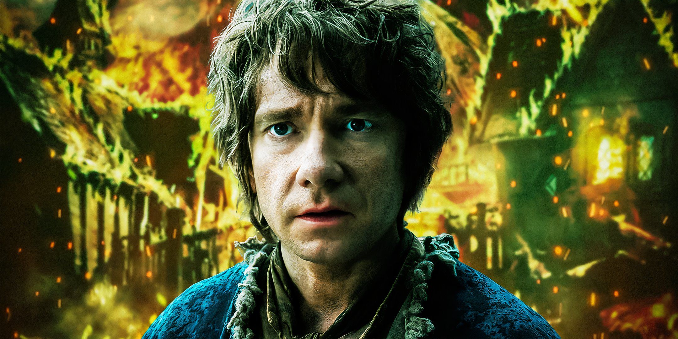 Martin Freeman como Bilbo Baggins en El Hobbit con un fondo abstracto.