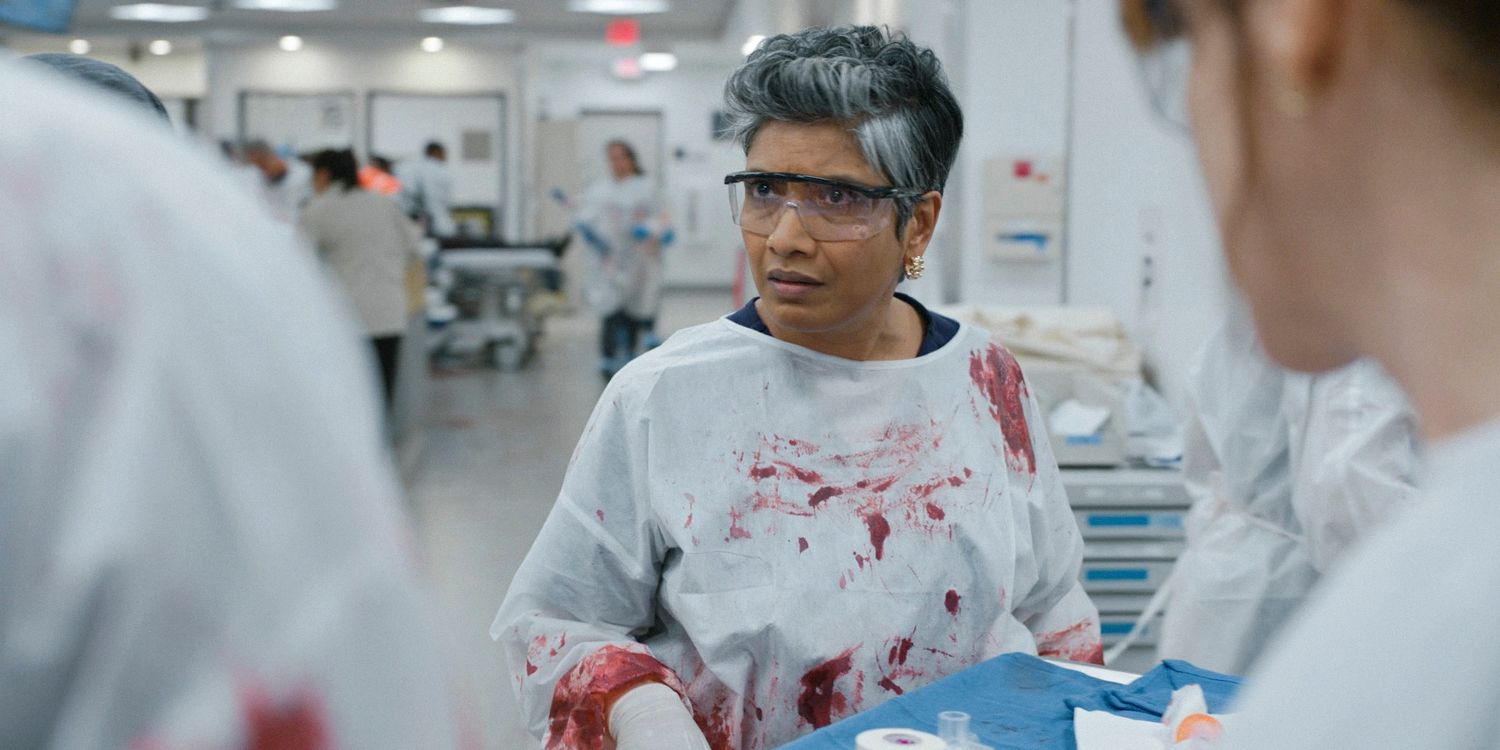 Eileen Shamsi (Deepti Gupta) with bloodstained clothes, looking upset in The Pitt Season 1 Ep 13