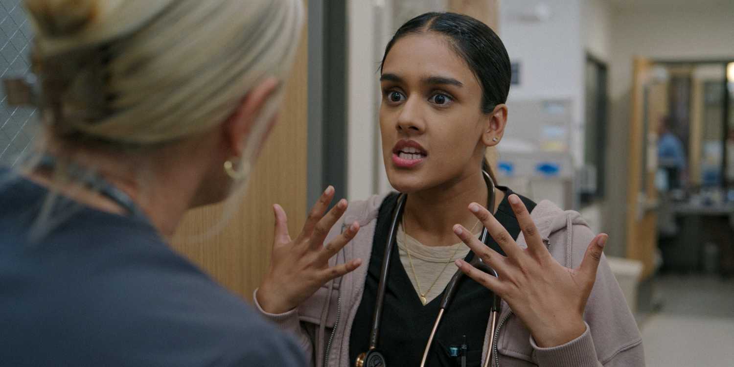 Dr. Victoria Javadi (Shabana Azeez) looking scared and worried in The Pitt Season 1 Ep 9