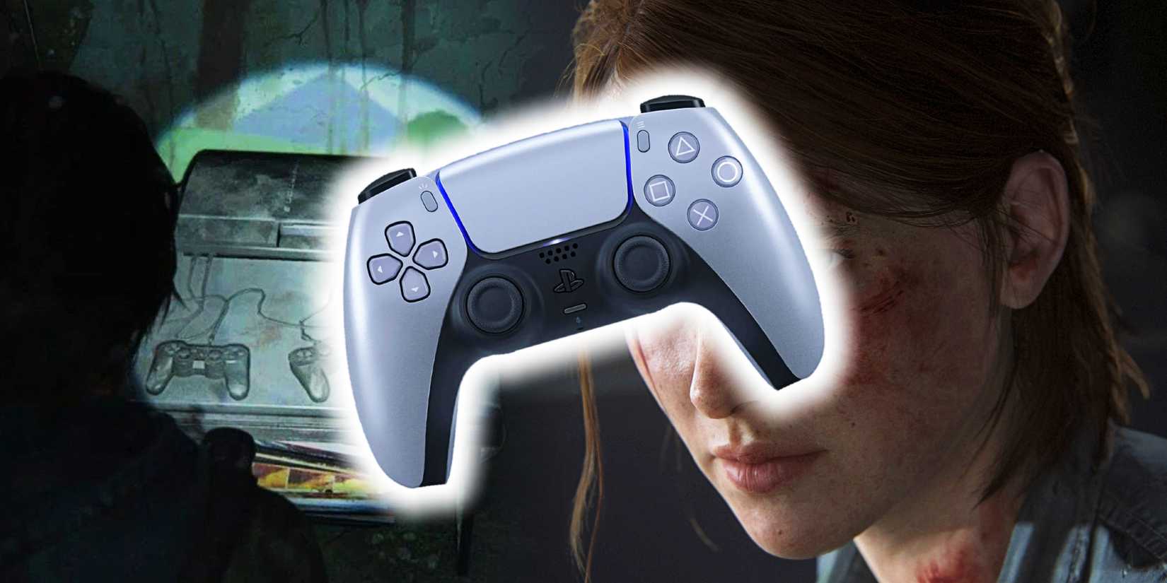 The PS3 easter egg from The Last of Us, Ellie from TLOU Part 2, and a silver DualSense Controller in a collage image.