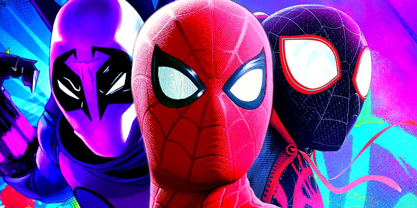 Tom Holland's Peter Parker wears his MCU Spider-Man costume in Homecoming posing in front of Miles Morales and the Prowler from Sony's Spider-Verse trilogy