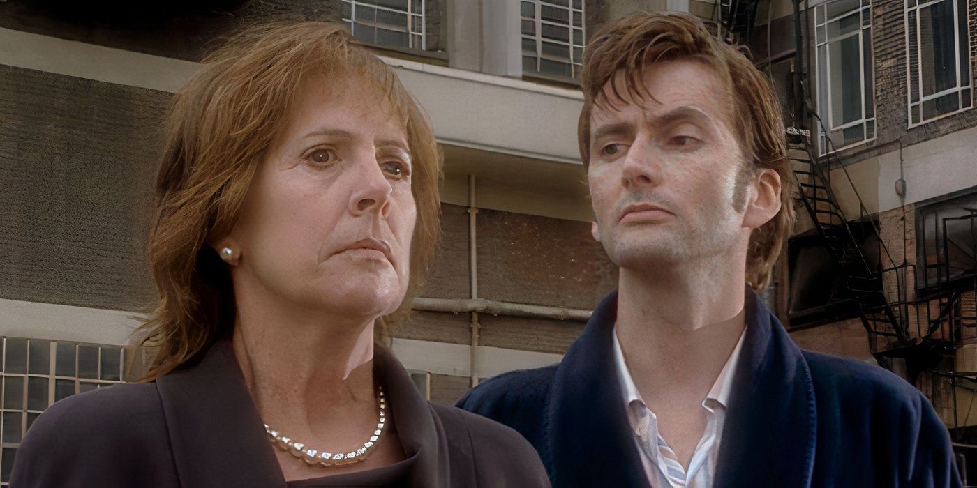 The Tenth Doctor staring at a sombre Harriet Jones in Doctor Who's 