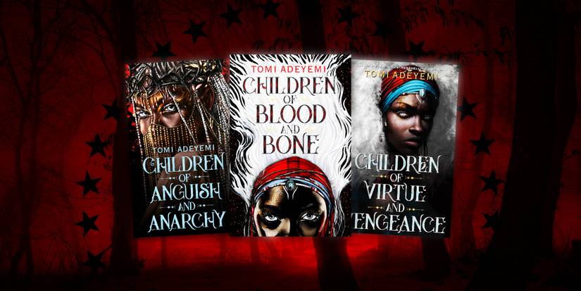 The Legacy of Orïsha books (Children of Blood & Bone, Children of Virtue & Vengeance, Children of Anguish & Anarchy) by Tomi Adeyemi against a red and black textured background.