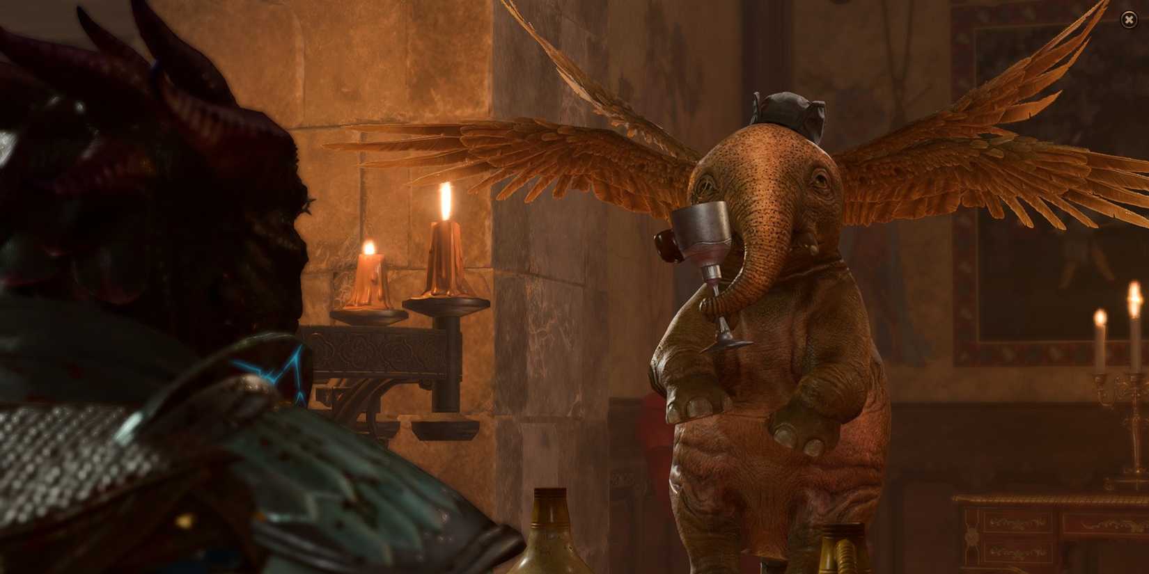 Valeria speaking with the player while drinking in Baldur's Gate 3