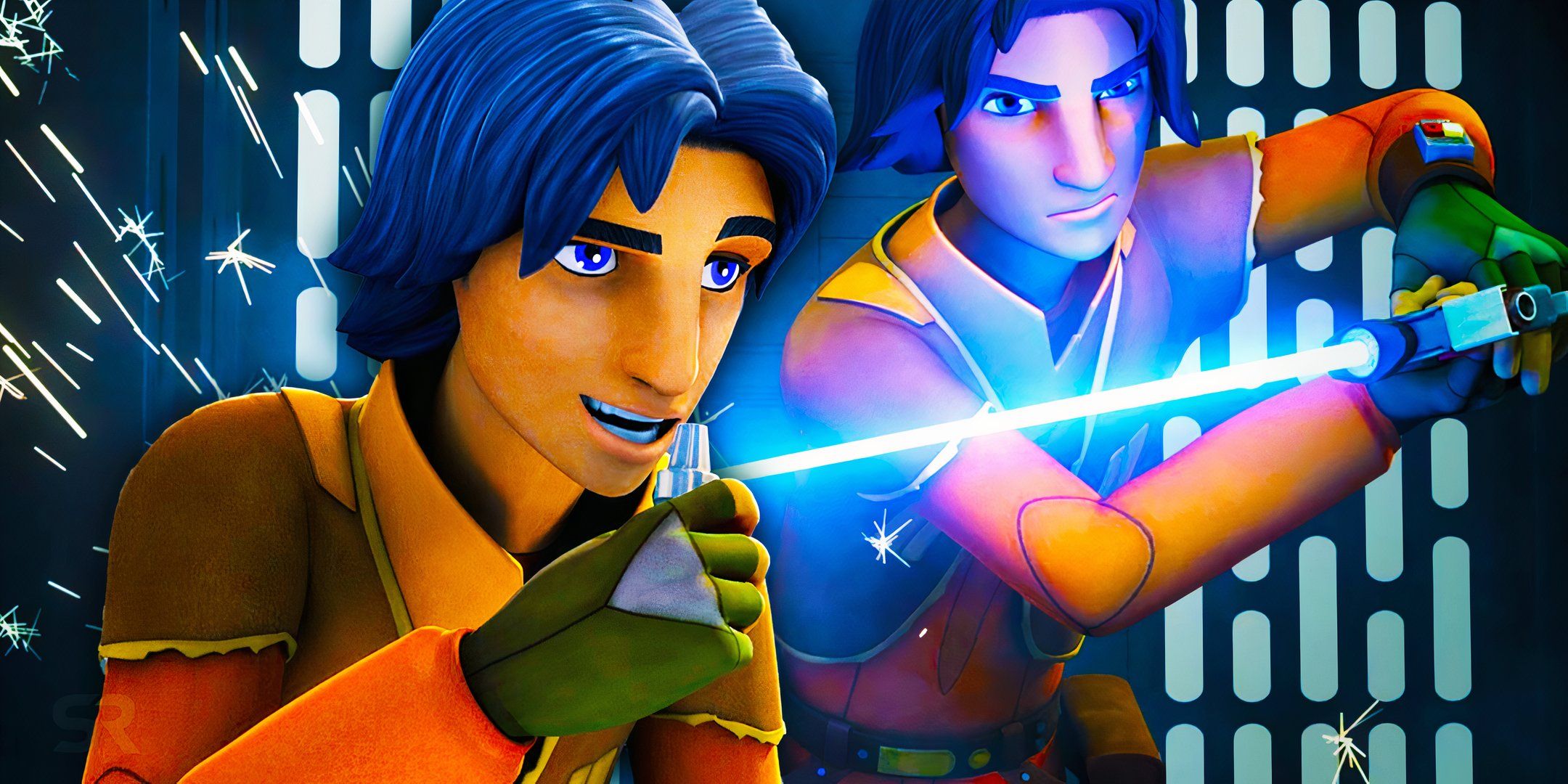 Ezra Bridger speaks into his comm in Star Wars Rebels, edited over him using his lightsaber.