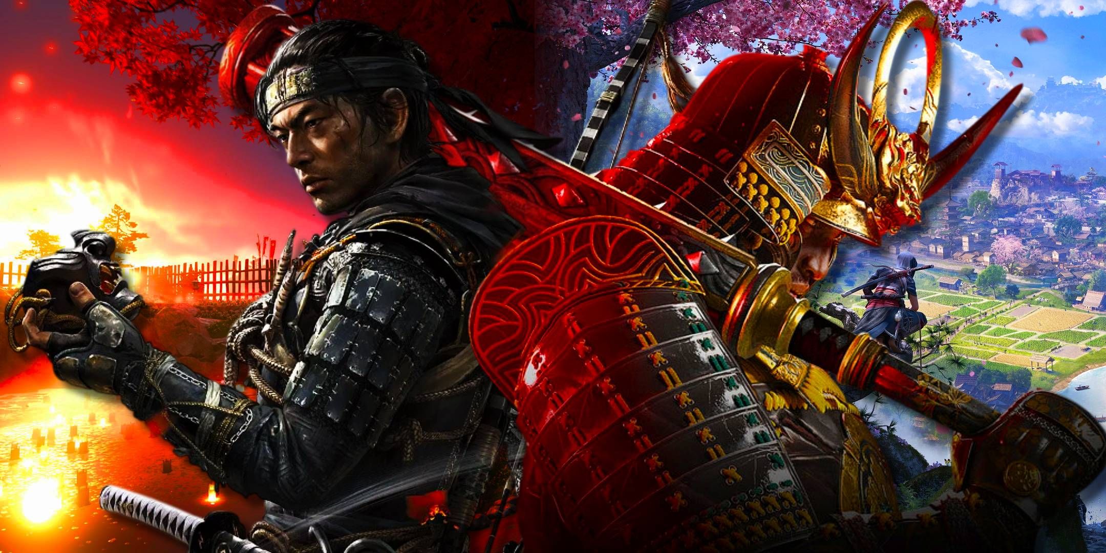 Jin and Yasuke back to back with gameplay from Assassin's Creed Shadows and Ghost of Tsushima behind them.