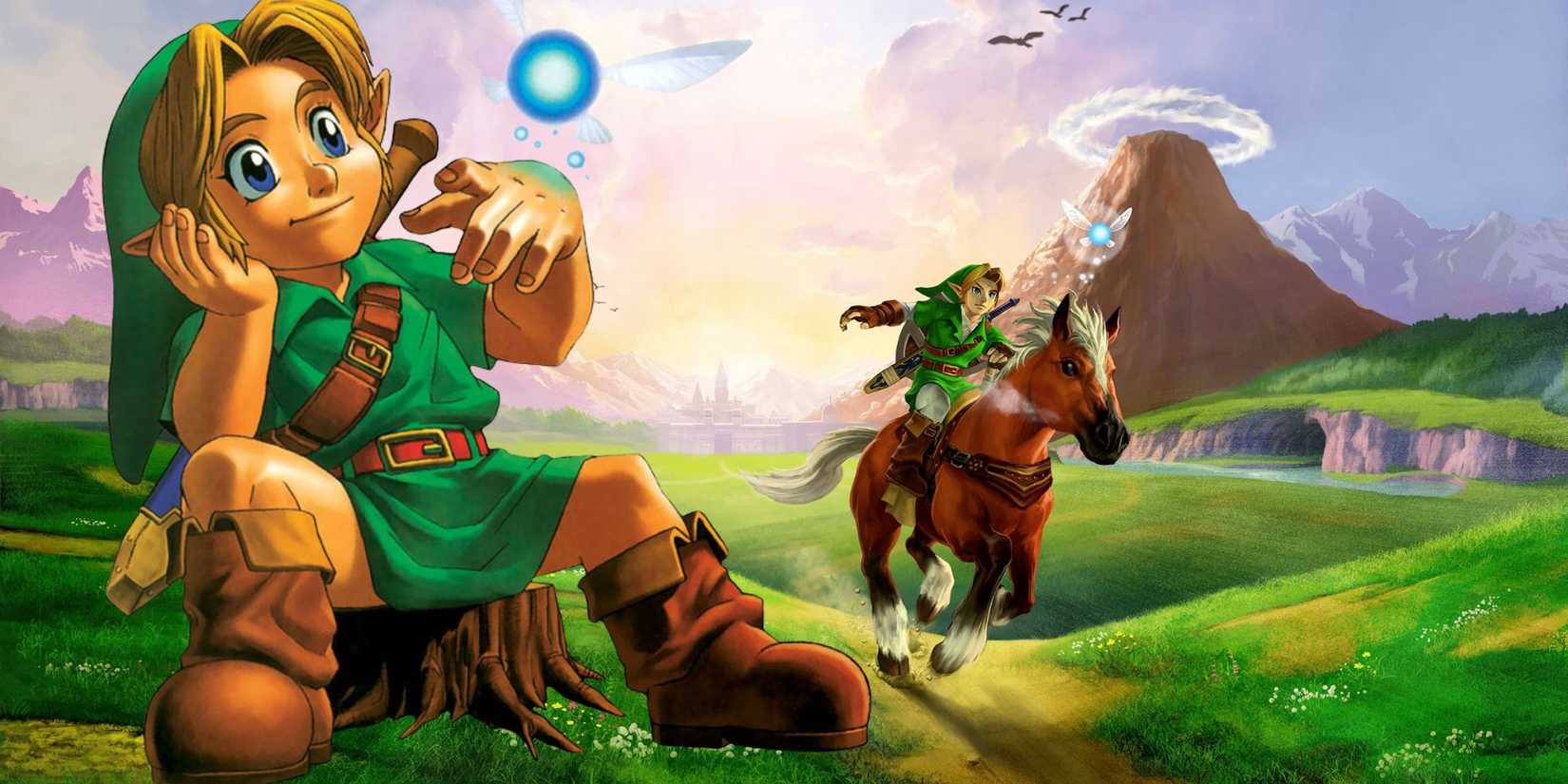 Young link with Navi over an image of Link riding Epona in Ocarina of Time