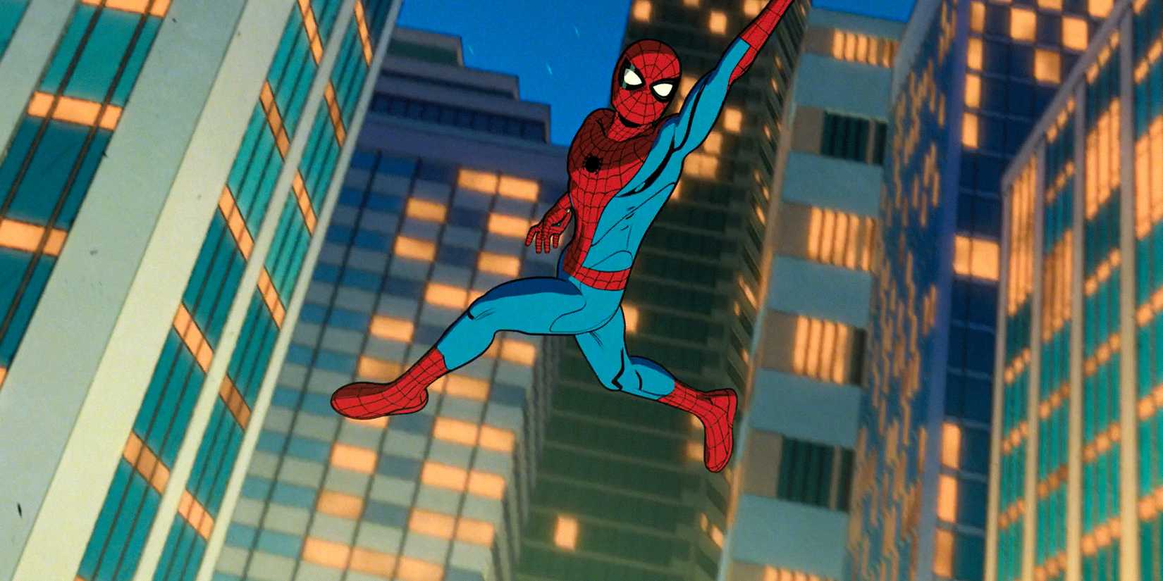Homem-Aranha balançando pela cidade em sua teia em Your Friendly Neighborhood Spiderman Temporada 1 Episódio 10
