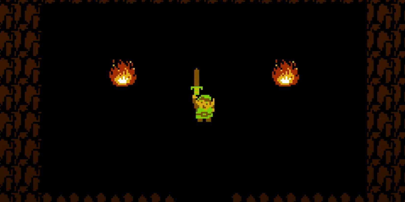 Link obtains a sword in a dark cave in The Legend of Zelda for NES.