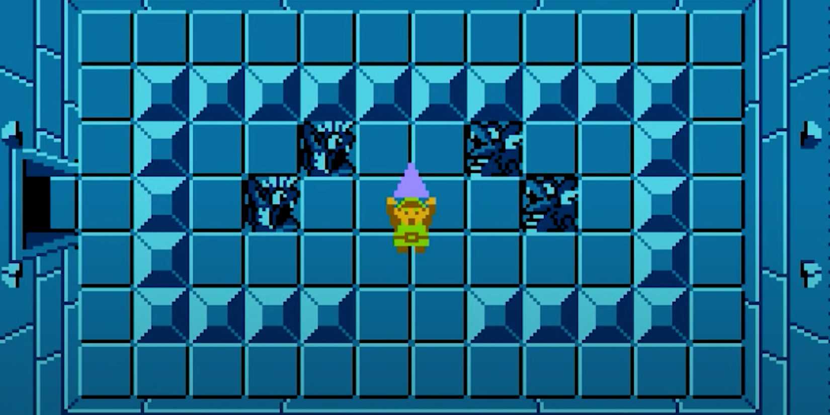 Link obtains a piece of the Triforce in a dungeon in The Legend of Zelda for NES.