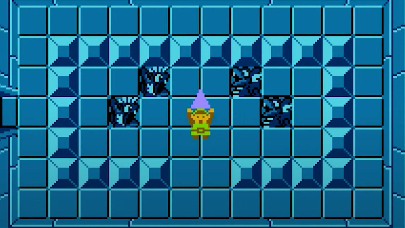 Link obtains a piece of the Triforce in a dungeon in The Legend of Zelda for NES.