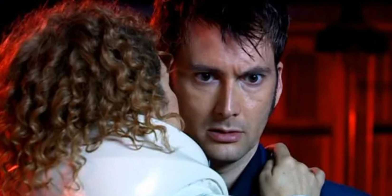River Song whispering to the Tenth Doctor in Doctor Who