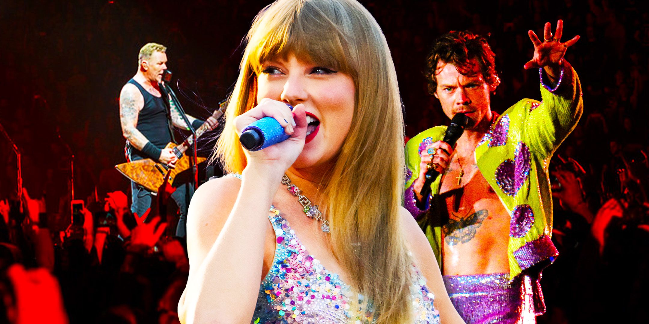 Metallica on tour, Taylor Swift singing in her Lover outfit, and Harry Styles on his Love On Tour all edited together.