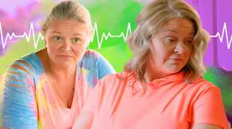 1000 lb sisters stars amanda halterman in two sad poses in pastel tops with a hearbeat background
