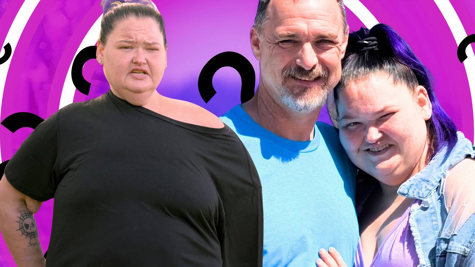 1000-Lb Sisters stars Amy Slaton and Brian Scott Lovvorn in montage with close up of amy in front and question marks