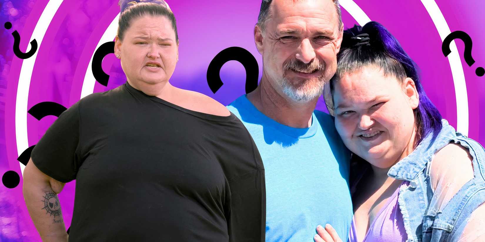 1000-Lb Sisters stars Amy Slaton and Brian Scott Lovvorn in montage with close up of amy in front and question marks