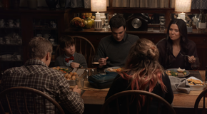 Harry having dinner with D'arcy and the Hawthornes in Resident Alien