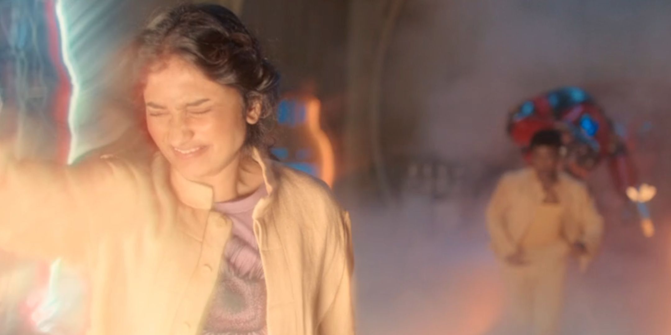 Belinda being caught in a paradox in Doctor Who as the Doctor runs up to save her