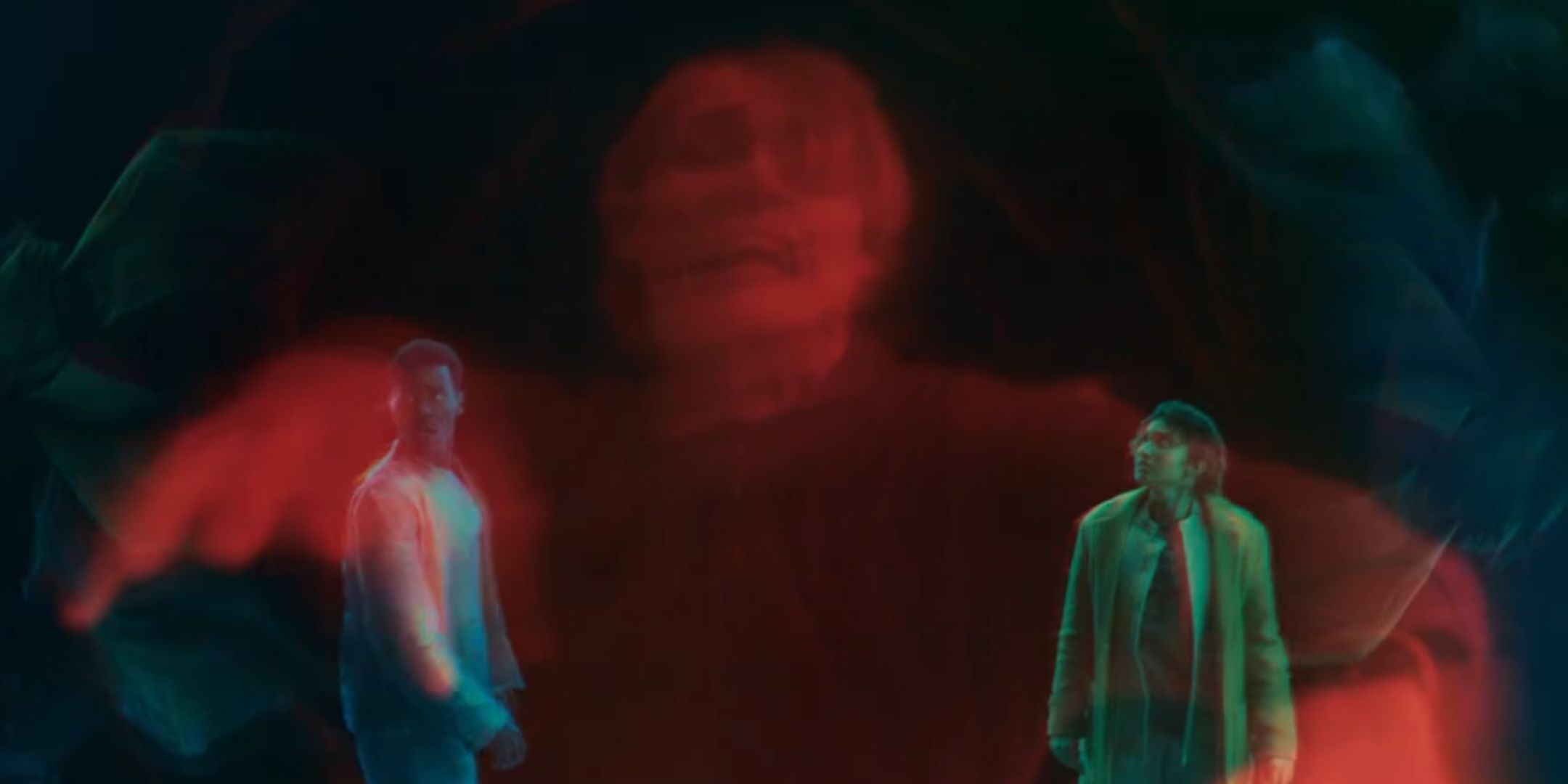 The Doctor and Belinda in a shared time stream in Doctor Who