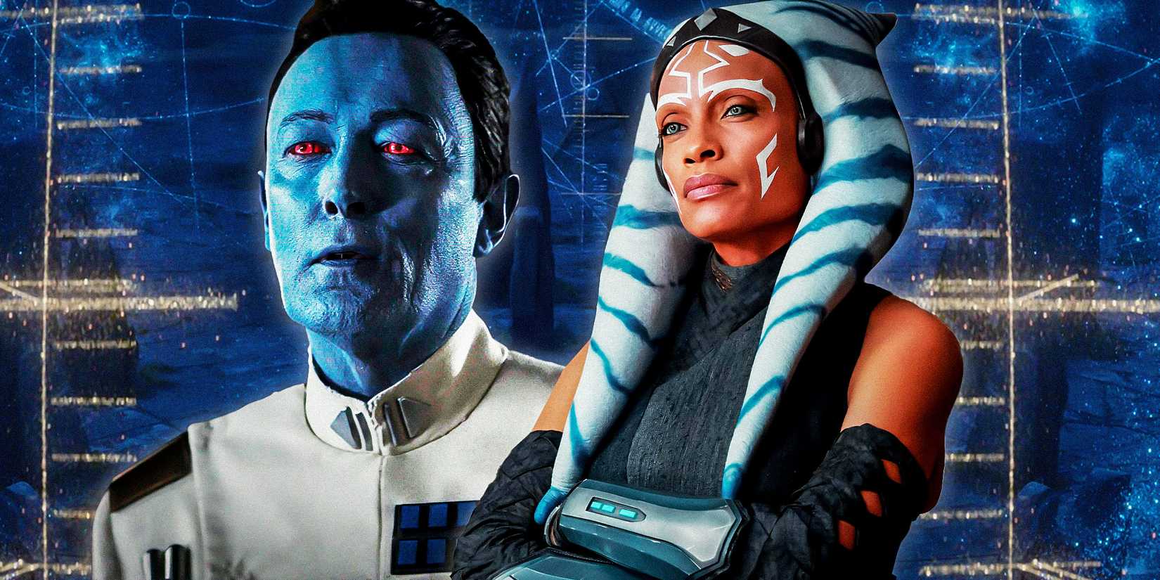 Grand Admiral Thrawn in the Ahsoka show to the left and Rosario Dawson as Ahsoka Tano in the Ahsoka show to the right