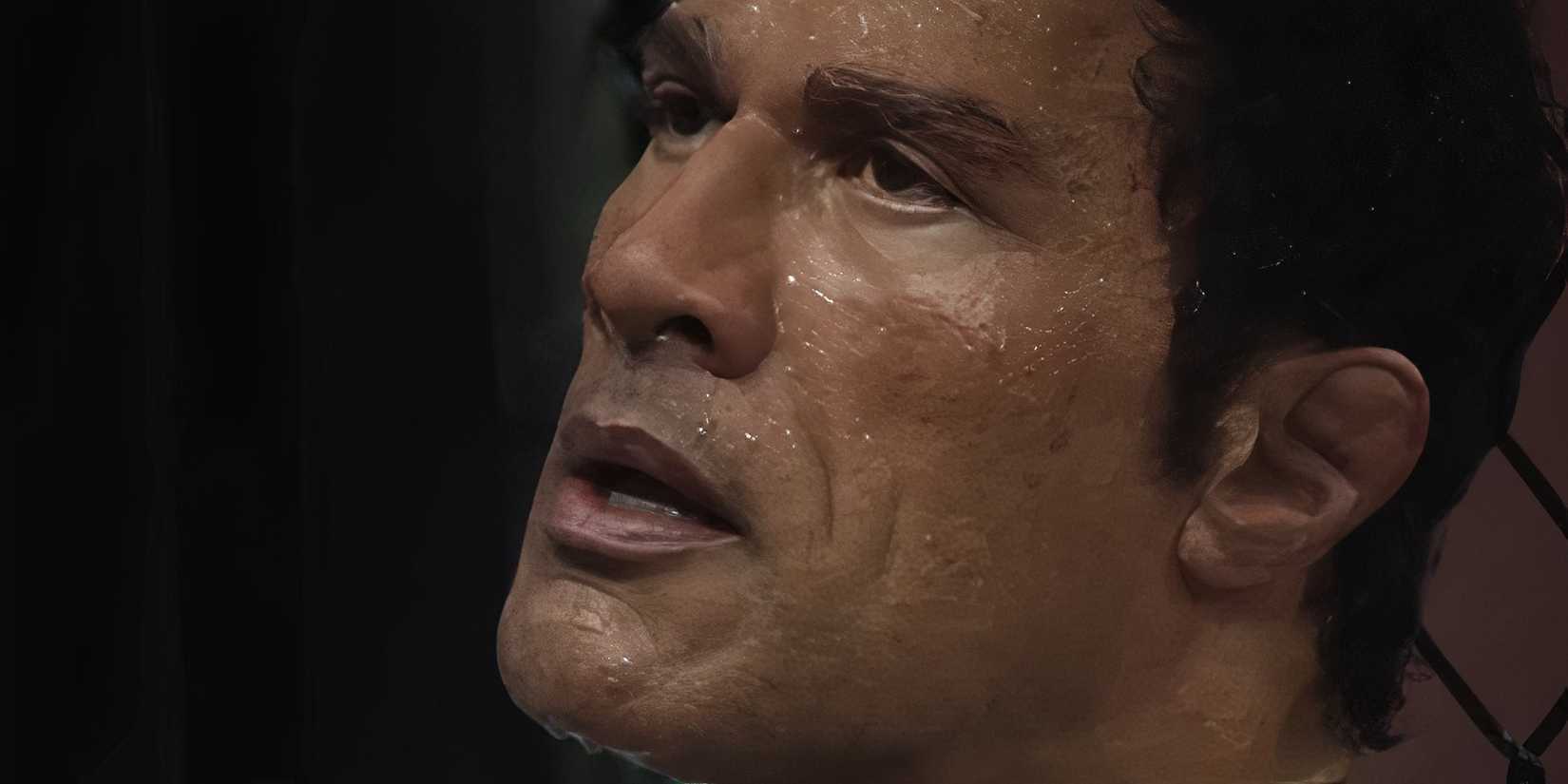 A closeup of Dwayne Johnson as Mark Kerr in The Smashing Machine
