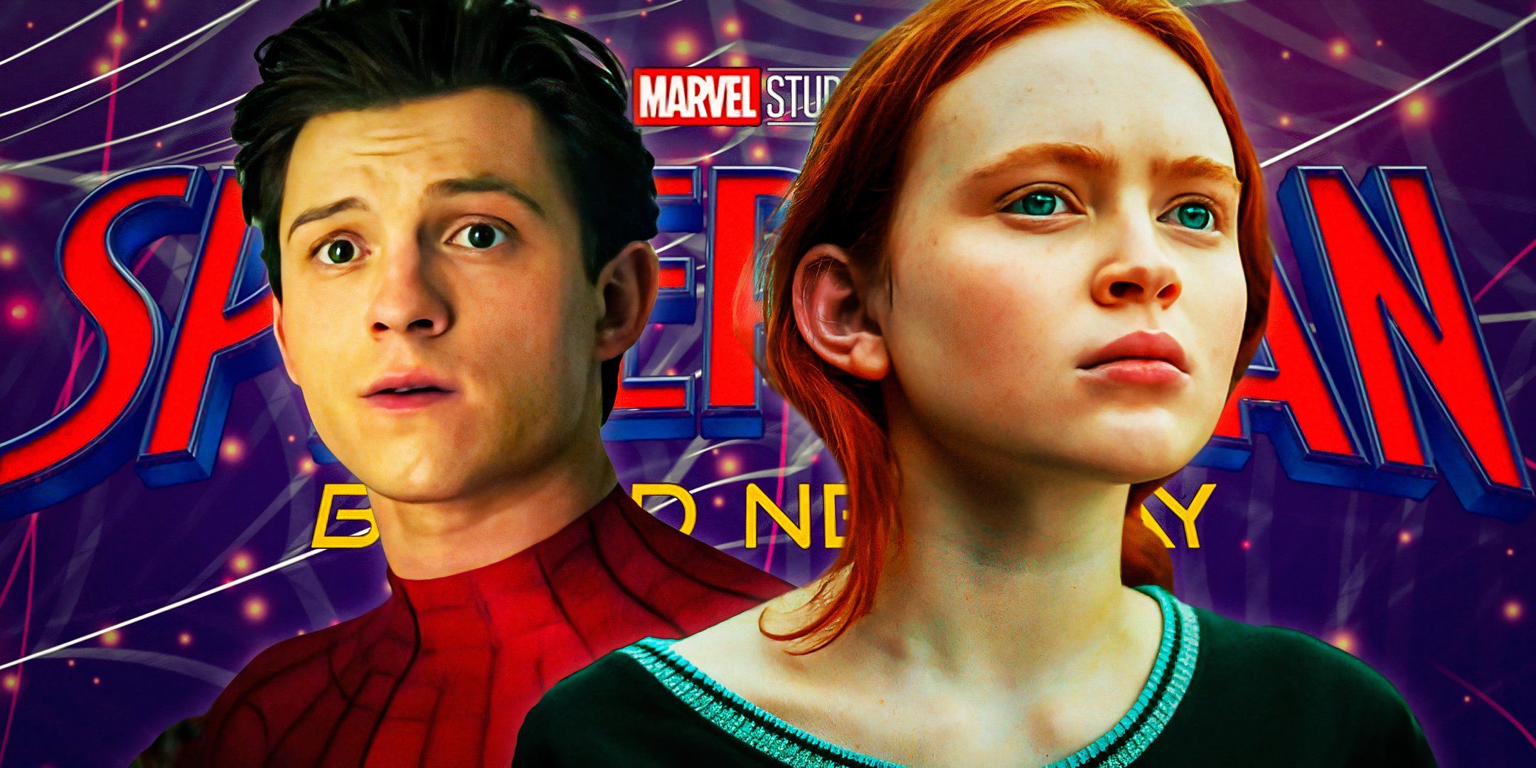 Tom Holland as Spider-Man next to Sadie Sink looking confused above a title card for Spider-Man: Brand New Day (2026)