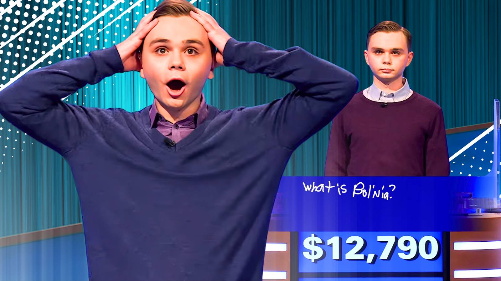 Jeopardy!’s Liam Starnes holds his hands on his head with a shocked expression, next to Liam with a neutral expression, in a montage image.