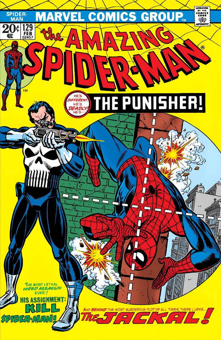 Punisher shoots Spider-Man on the cover of Amazing Spider-Man #129 (1973)