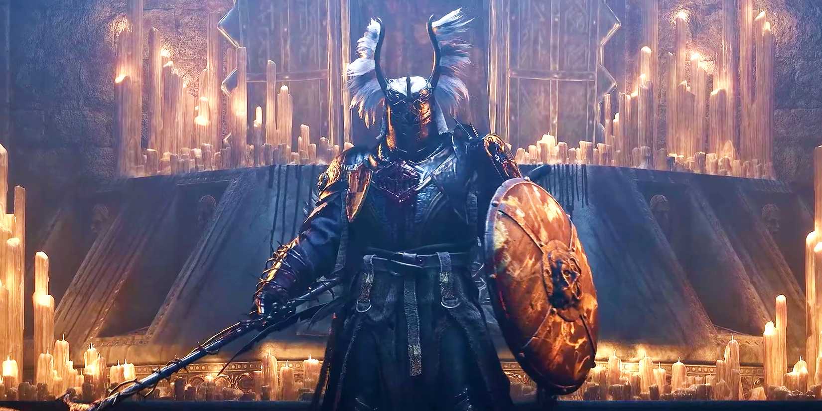 An armored Lords of the Fallen character standing in front of many candles.